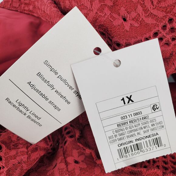 Auden 1X Berry Red Lightly Lined Racerback Bralette Wirefree Adjustable Straps‎ - Picture 7 of 8